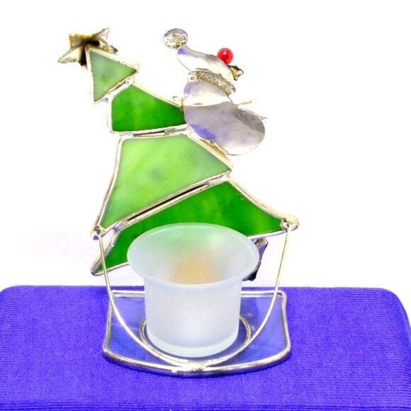Stained Glass Snowman Climbing Christmas Tree Votive Holder Silver Plate Vintage - Picture 4 of 10